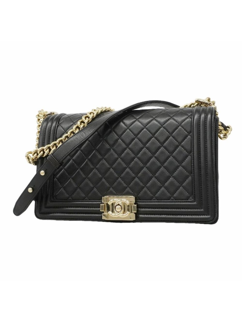 Chanel Shoulder Bag Boy Lambskin Black Champagne Gold